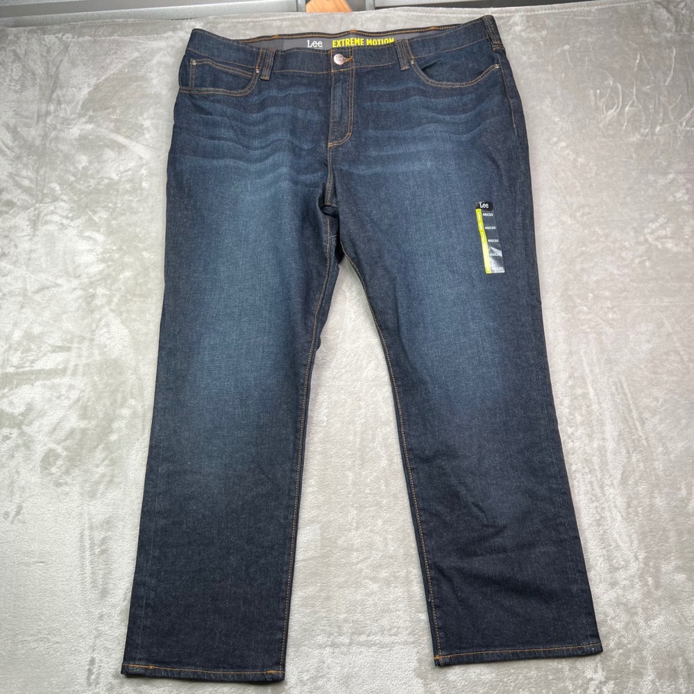 Lee Extreme Motion Jeans Mens 46x30 Blue Dark Wash Straight Fit Tapered Leg